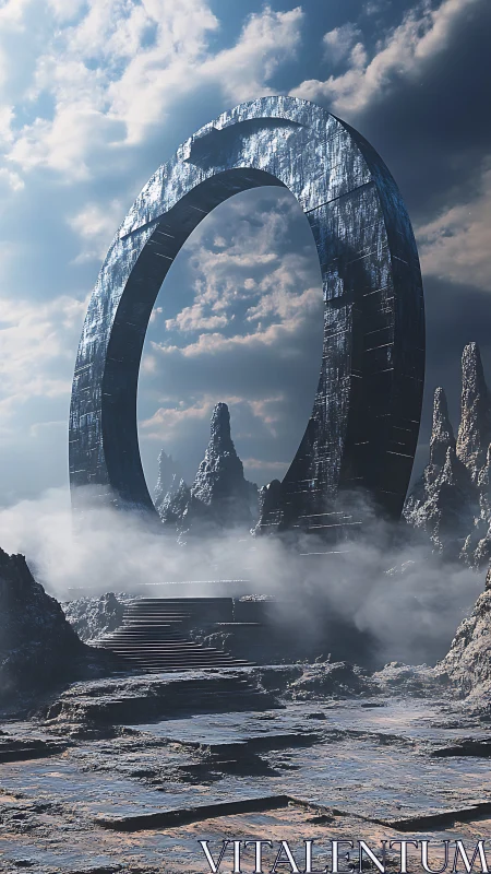 Colossal stone ring portal rises over a misty alien valley
