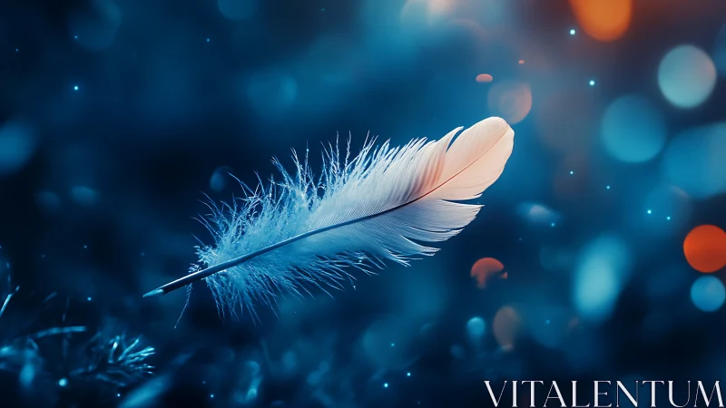 Soft feather suspended against blurred blue bokeh field.