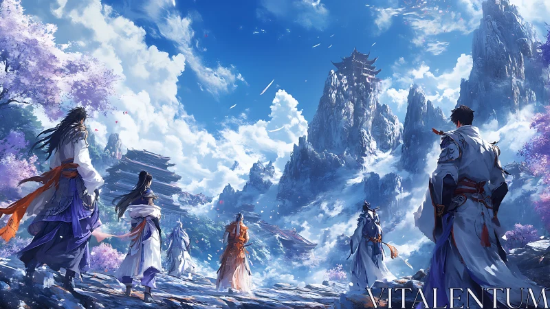 Martial cultivators ascend misty mountain sect under dynamic skies