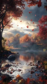 Autumn river landscape with falling leaves and soft light.