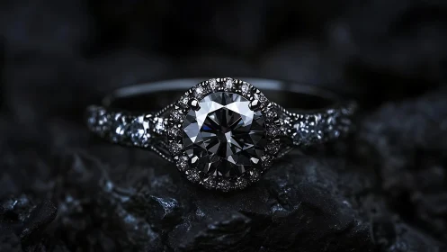 Diamond engagement ring sits on textured dark stone surface