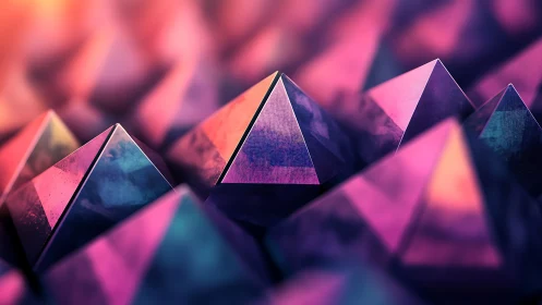 Neon geometric pyramids in abstract depth field cluster.