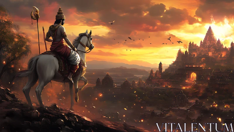 Warrior on white horse surveys glowing temple city at dusk