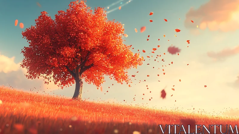 Lone autumn tree scatters glowing leaves in warm sunset wind.