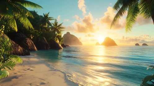 Tropical beach sunset with palm trees and distant rock formations