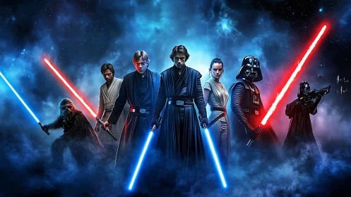 Star warriors with glowing sabers in cinematic space scene.