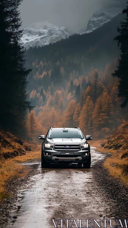 Off road SUV drives wet forest trail toward misty peaks.