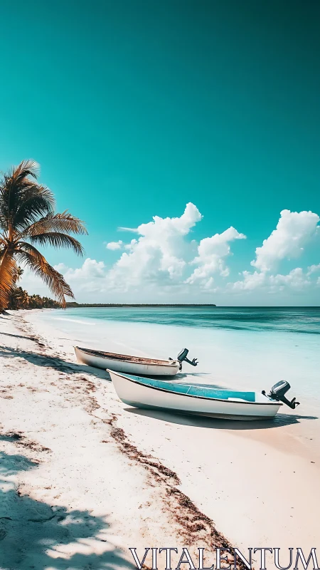Tropical Beach with Moored Fishing Boats Under Turquoise Skies