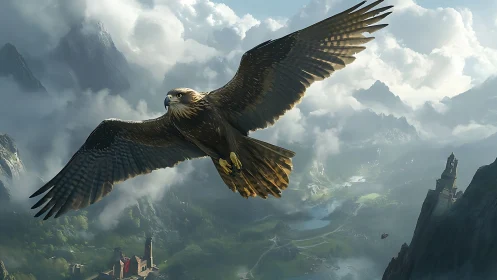 Majestic Eagle Soaring Over Fantasy Mountain Landscape in Realistic Style.