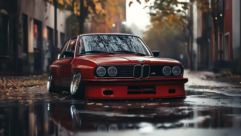 Lowered red BMW classic glows on a wet autumn city street