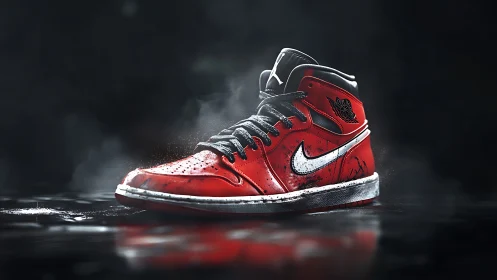 Hyperreal red sneaker render with cinematic particulate atmosphere.