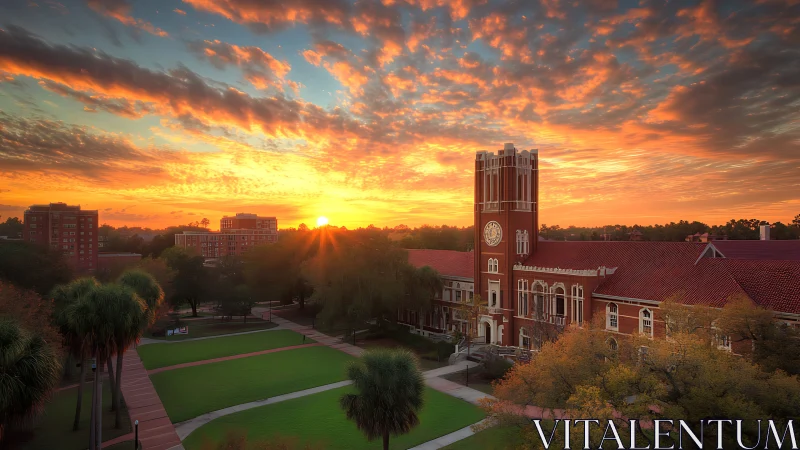 Campus clock tower stands beneath vivid sunrise sky.