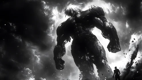 Colossal armored titan towers over lone challenger in storm.