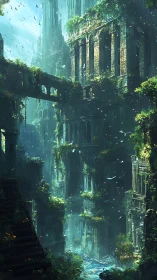 Verdant ruins rising above a misty turquoise chasm.