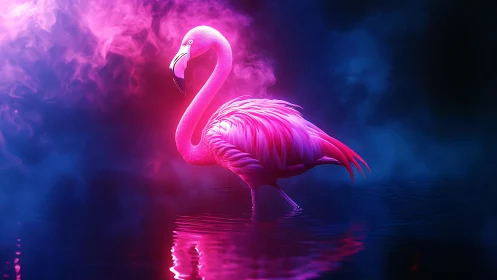 Neon flamingo stands in vaporous magenta and cyan haze