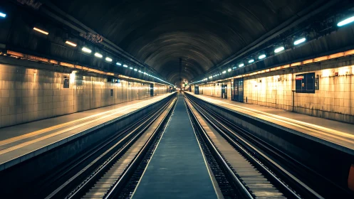 Gleaming subway platforms stretch into a calm urban evening