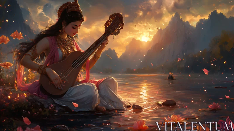 Woman plays stringed instrument beside lake at sunset