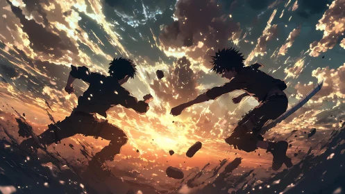 Rival anime warriors clash midair in a blazing sunset sky.