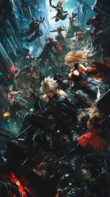 Vertically layered cyber battle scene with dynamic anime combatants