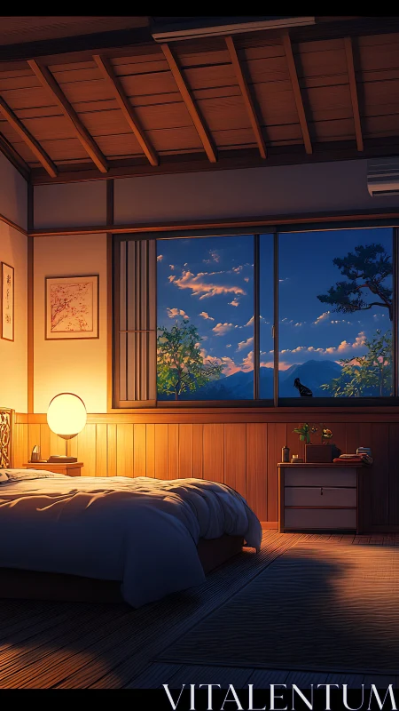 Serene tatami bedroom glows under warm sunset light