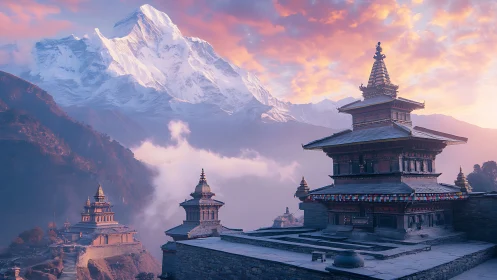 Tiered Himalayan temples beneath glaciated sunrise massif.
