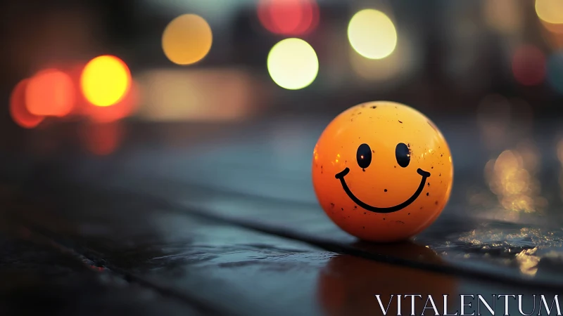 Yellow smiley ball rests on wet street at night