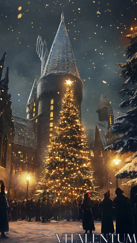 Gothic stone castle courtyard hosts towering illuminated winter tree