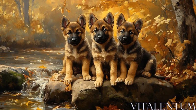 Three curious shepherd puppies by a golden autumn stream.