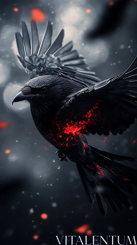 Digital painting of a raven with glowing ember core in flight.