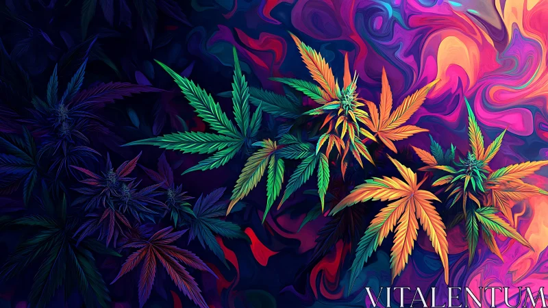 Psychedelic cannabis garden blazing through liquid neon night.