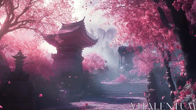 Serene temple path winds through luminous pink cherry blossoms.
