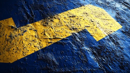 Yellow directional arrow textures on rough blue asphalt