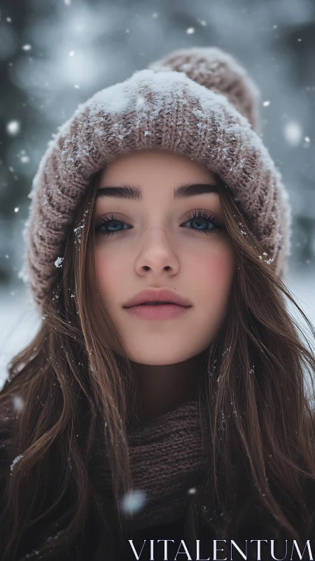 Winter-soft gaze beneath a snow-dusted knitted beanie.