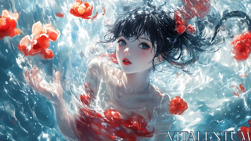 Anime water portrait with luminous floral immersion dynamics.