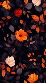 Dark Floral Pattern with Luminous Orange Blooms