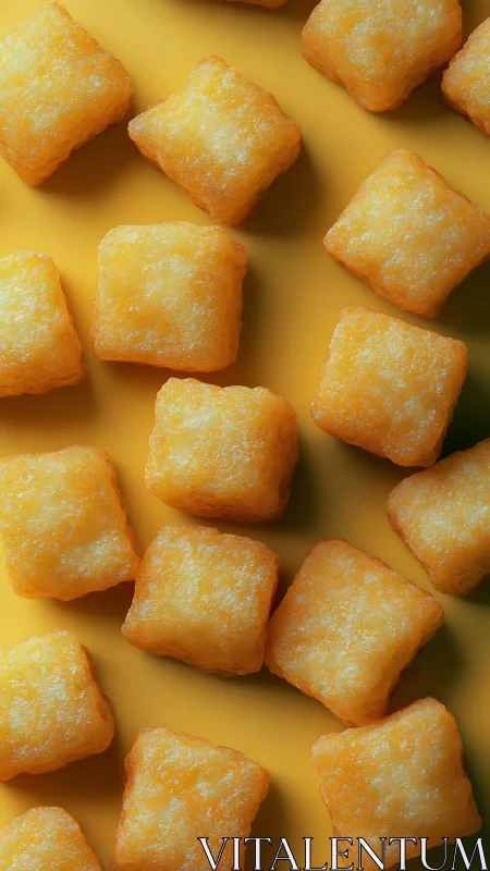Golden potato bites scattered on a sunny yellow backdrop.