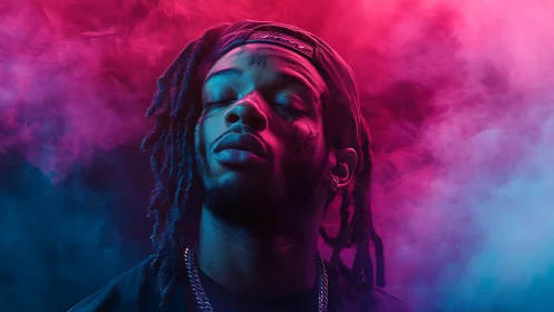 Moody neon portrait drifting between pink and blue haze.