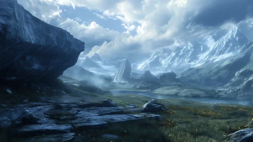 Glacial valley panorama renders atmospheric depth and luminous mist