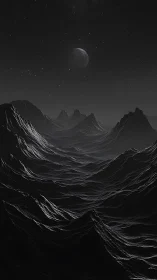 Lunar-lit alien ridges carve monochrome midnight valley.