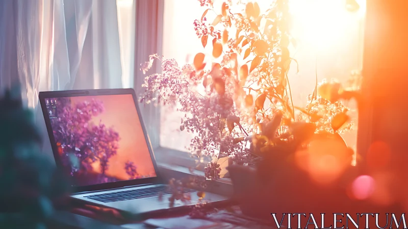 Backlit laptop workstation beside sunlit floral window garden