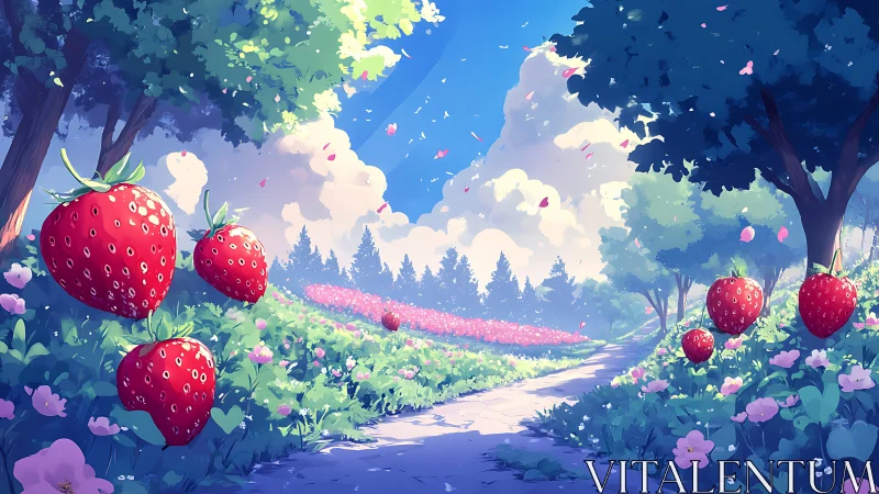 Surreal strawberry meadow under luminous spring sky.