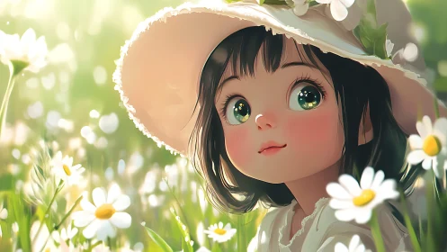 Sunlit girl in daisy field gazes up with gentle wonder