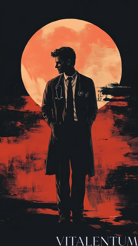 Moonlit doctor in noir silhouette against burning dusk.