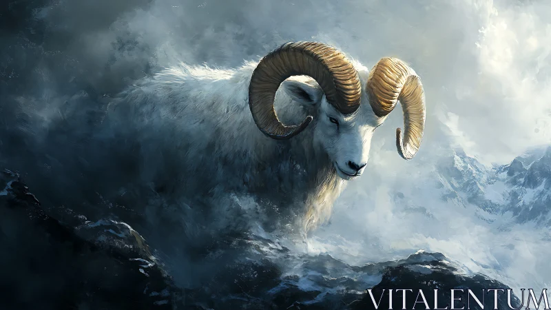 Majestic mountain ram emerging through swirling winter mist.