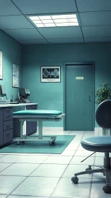 Clinical examination room rendered with cool teal chromatic lighting