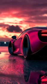 Sunset-lit red supercar waits on wet pavement for night drives