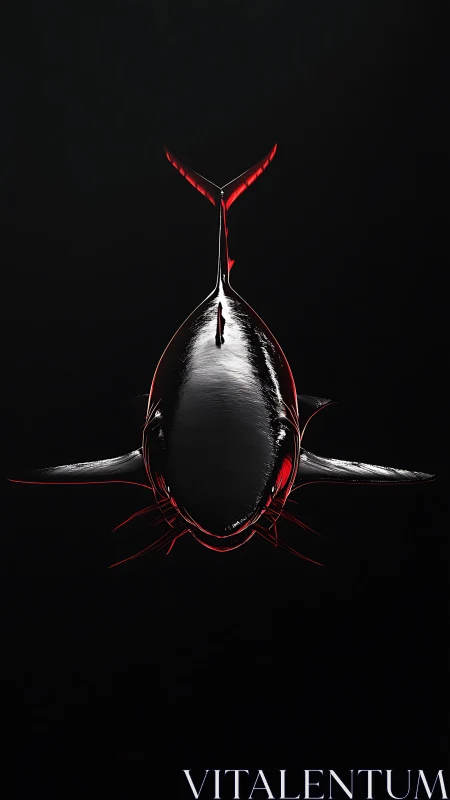 Red edged shark silhouette on black minimalist abyss.