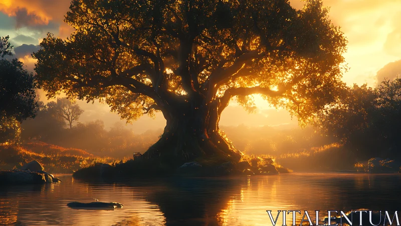 Radiant ancient oak backlit by golden sunset over still river