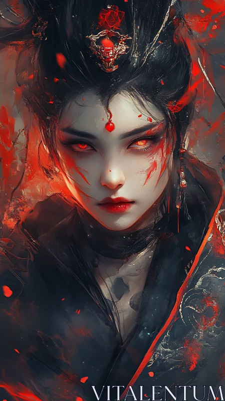 Digital painting portrait of infernal empress in red chiaroscuro.