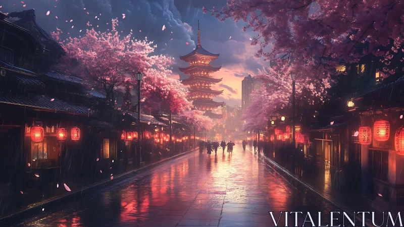 Rain-soaked cherry blossom street with glowing pagoda at dusk.
